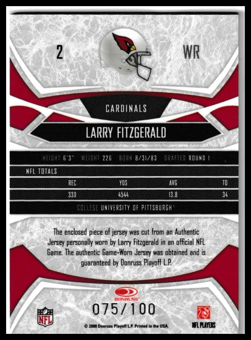 2008 Donruss Gridiron Gear Larry Fitzgerald Jerseys X's #/100 Arizona Cardinals