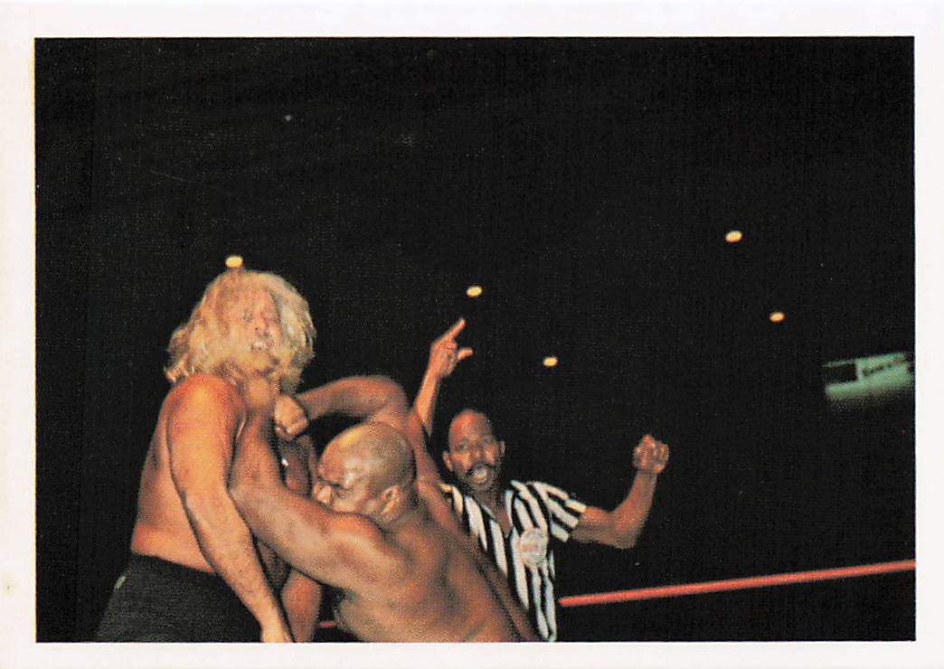 NECC wrestling card featuring Shaska Whatley vs. Jimmy Valiant from the 1988 Wonderama NWA Wrestling Card #79.