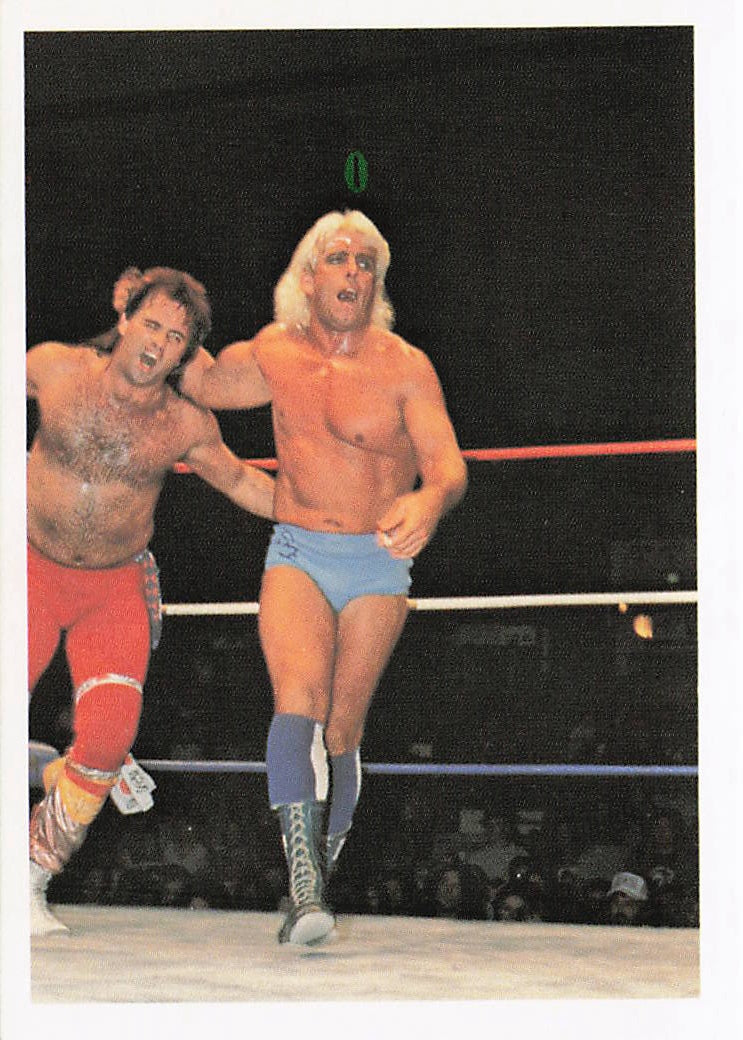 Wrestling card featuring Ric Flair vs Robert Gibson from 1988 Wonderama NWA Wrestling Card #227 by NECC.