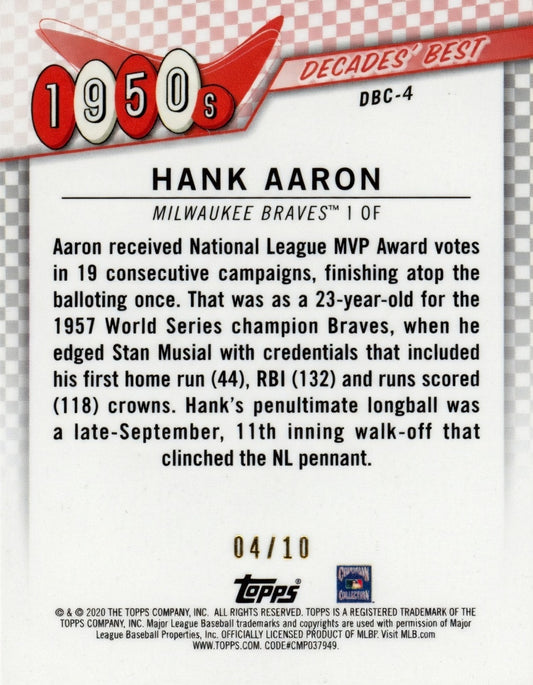 2020 Topps Hank Aaron Decades Best Red /10 Milwaukee Braves baseball card front and back