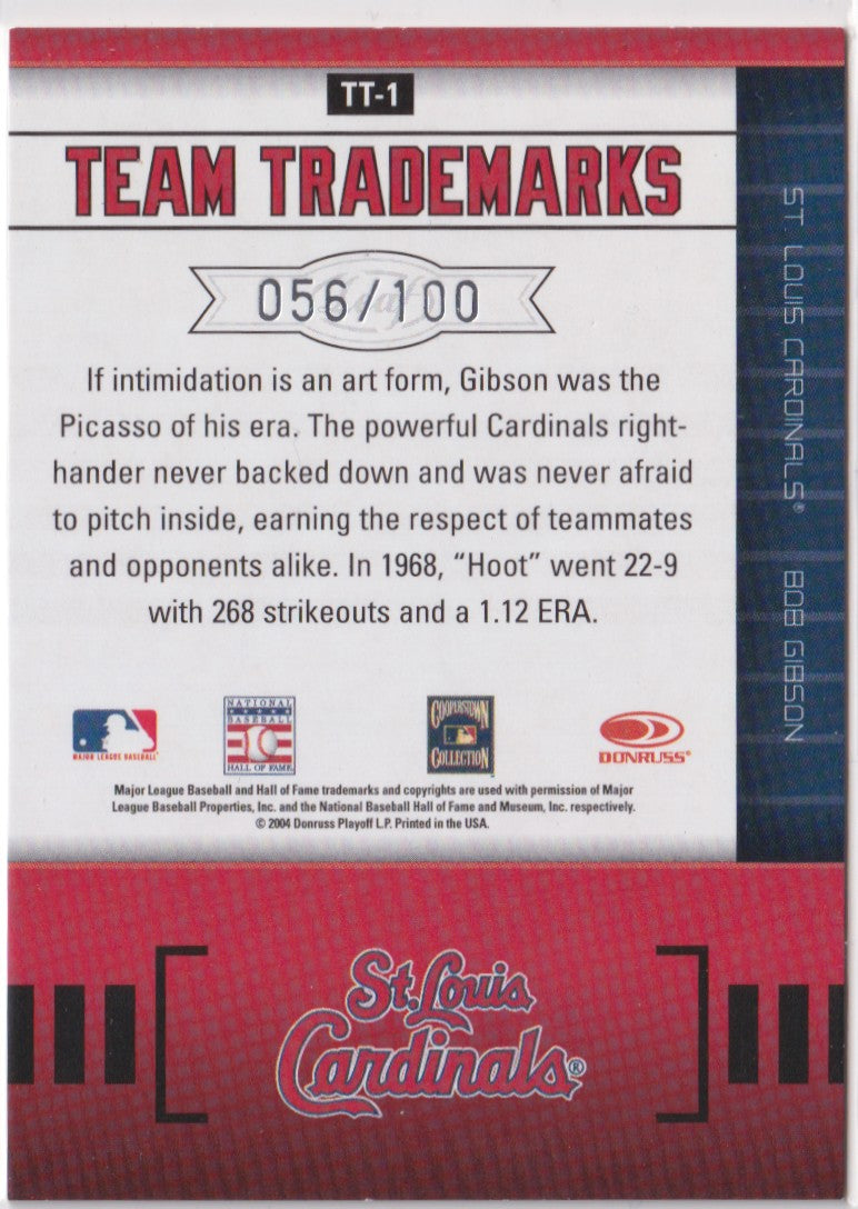 Bob Gibson Autograph – 2004 Leaf Limited Team Trademarks – /100 – Hall of Fame - New England Consignment and Collectables