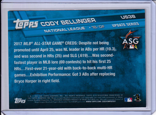Cody Bellinger 2017 Topps Update Rookie Auto photo variation card featuring Dodgers SP, collectible baseball card image.