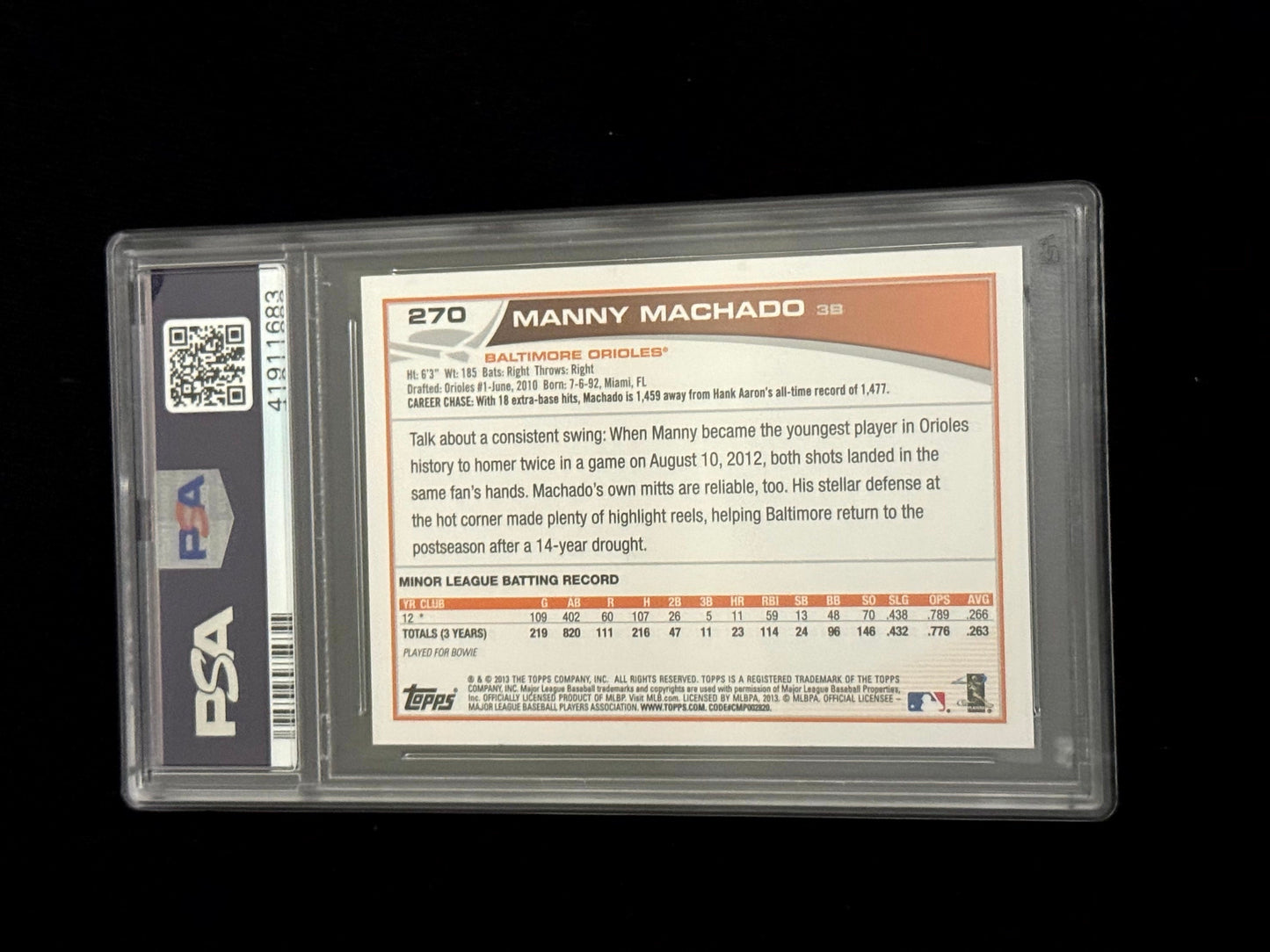 2013 Topps Manny Machado Rookie Card – Baltimore Orioles – PSA 10