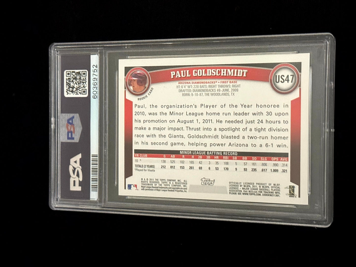 2011 Topps Update Paul Goldschmidt Rookie Card – Arizona Diamondbacks – PSA 9