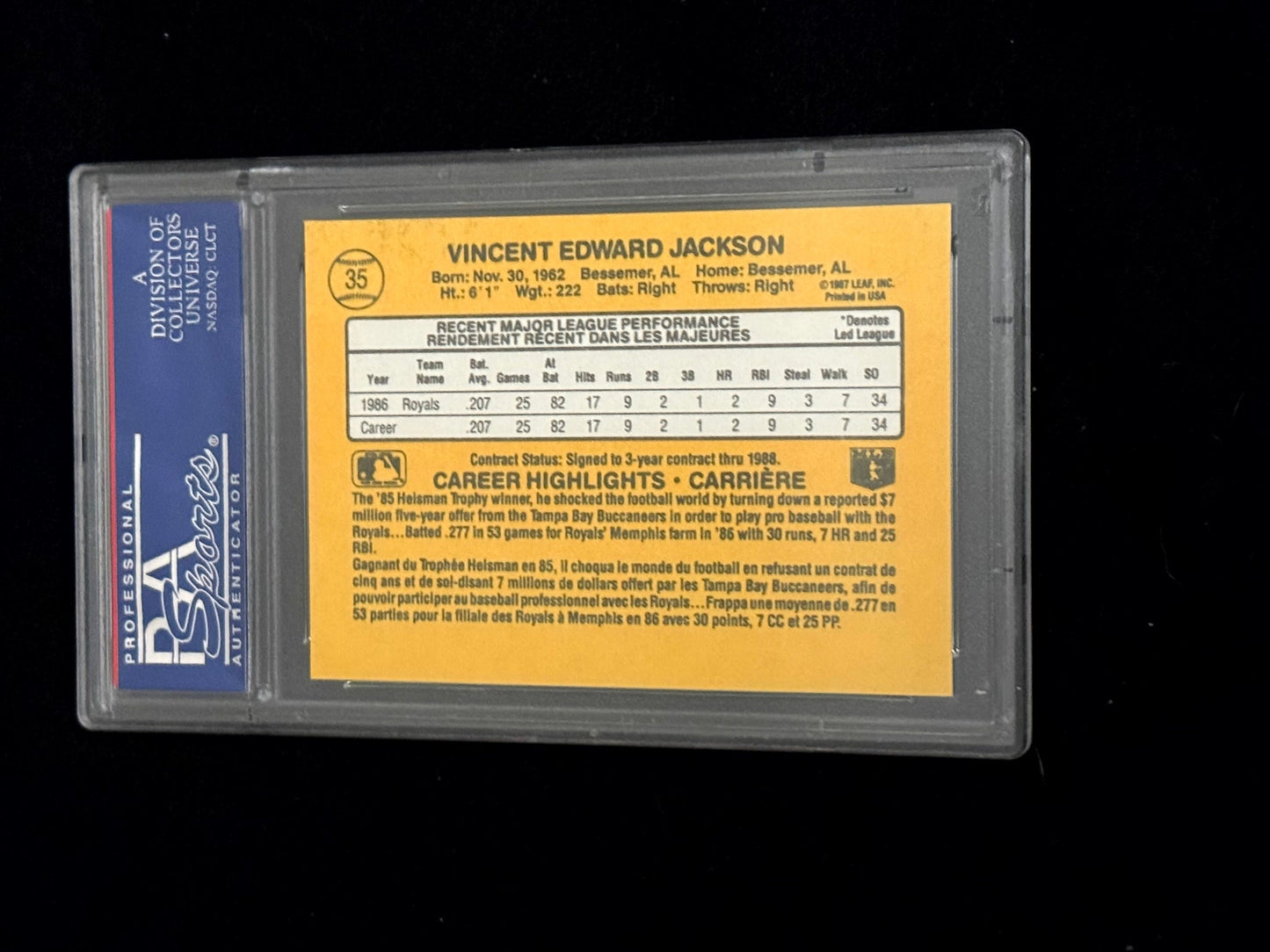 1987 Leaf Bo Jackson Rookie Card – Kansas City Royals – PSA 9