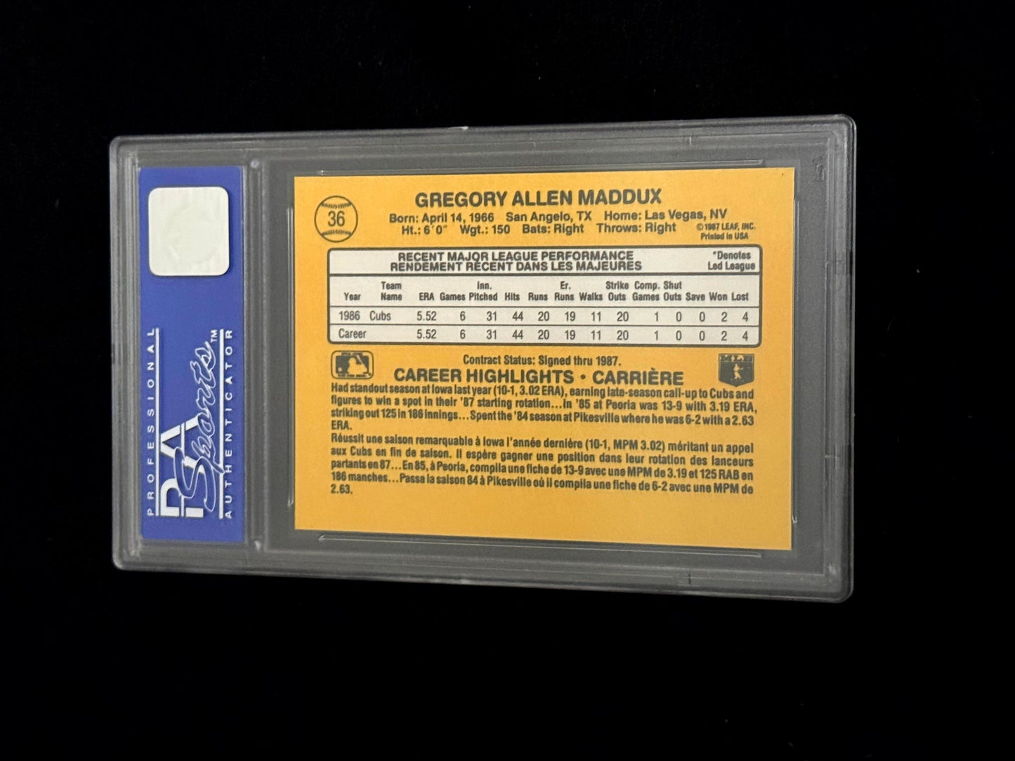 1987 Leaf Greg Maddux Rookie Card – Chicago Cubs – PSA 9