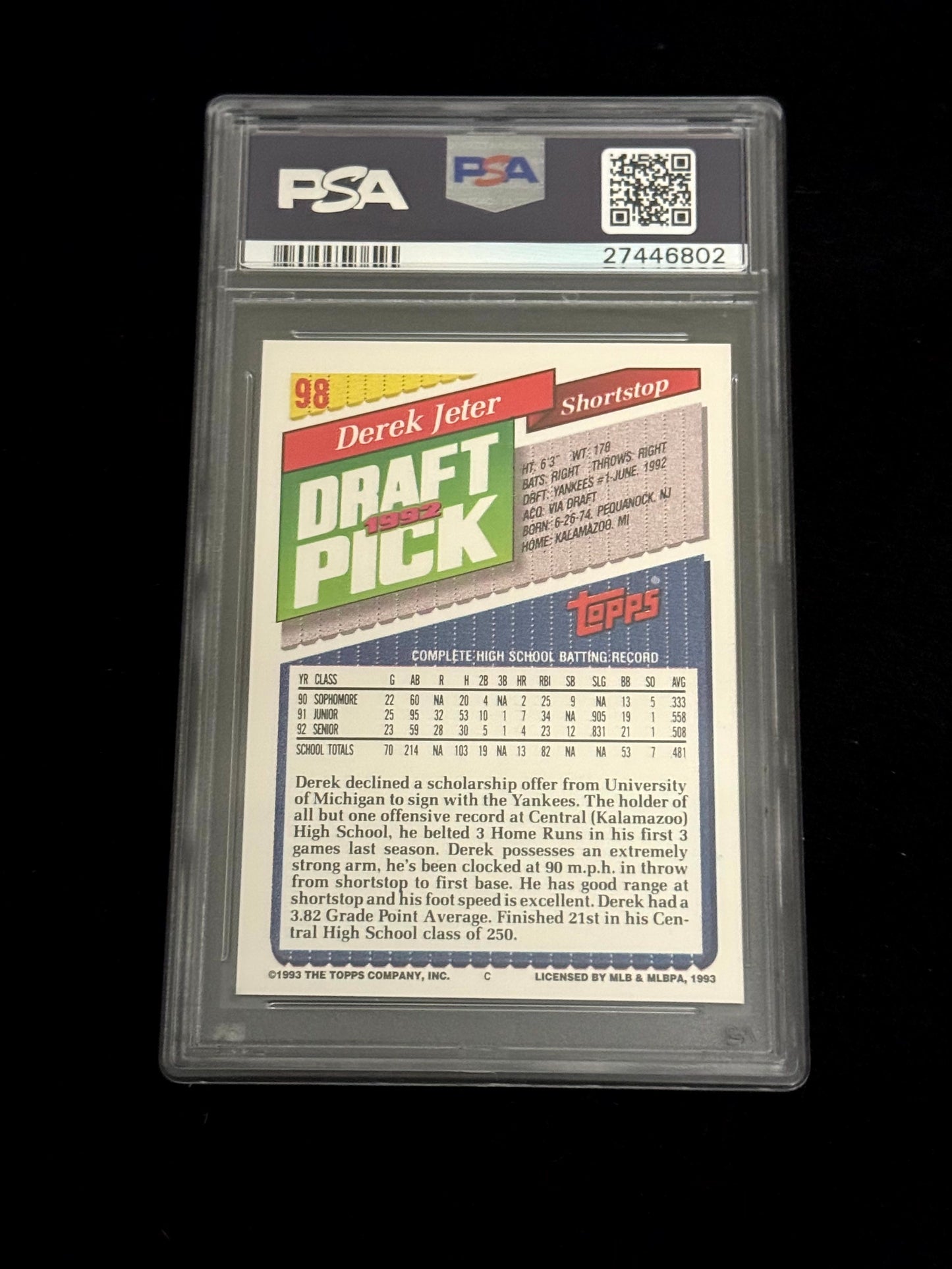 1993 Topps Derek Jeter Rookie Card – New York Yankees – RC PSA 9