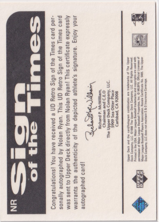 Nolan Ryan Autograph – 1998 Upper Deck Retro Sign of the Times – Hall of Fame - New England Consignment and Collectables