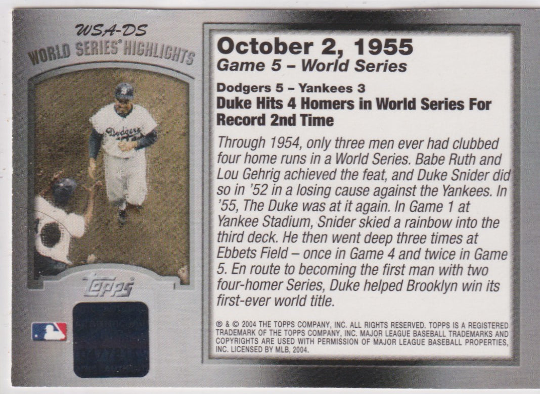 Duke Snider Autograph – 2004 Topps World Series Highlights – Hall of Fame - New England Consignment and Collectables