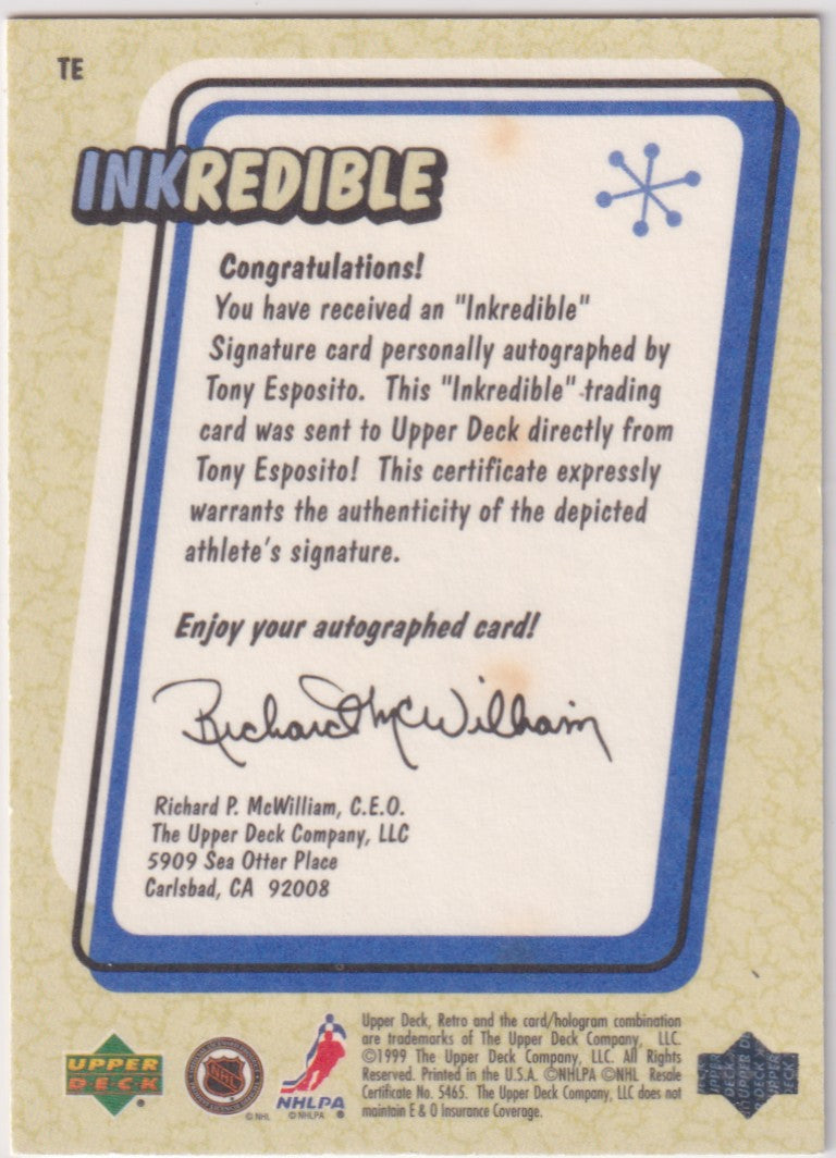 Tony Esposito Autograph – 1999-00 Upper Deck Retro Inkredible – NHL Hall of Fame - New England Consignment and Collectables