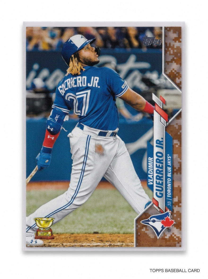 2020 Topps Vladimir Guerrero Jr Memorial Day Camo card #182 Blue Jays SP, featuring blue camouflage design and collectible details
