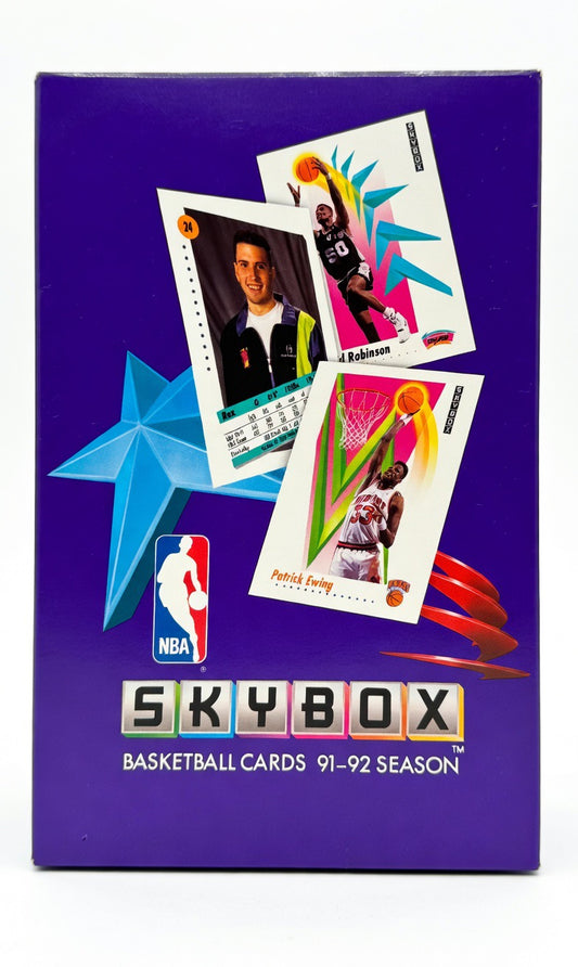 1991-92 SkyBox Basketball sealed box front vintage NBA cards
SkyBox basketball box 1991 NBA cards Patrick Ewing David Robinson