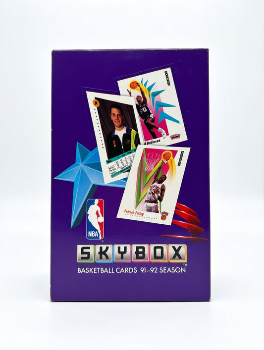 1991-92 SkyBox Basketball sealed box front vintage NBA cards
SkyBox basketball box 1991 NBA cards Patrick Ewing David Robinson