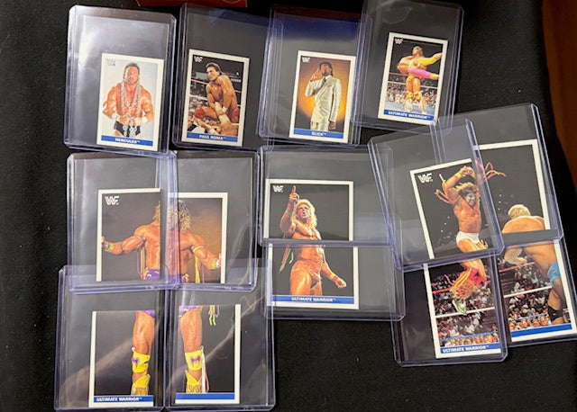 1991 WWF Euroflash complete sticker set featuring Hogan, LOD, and Warrior, showcasing vintage wrestling collectibles.