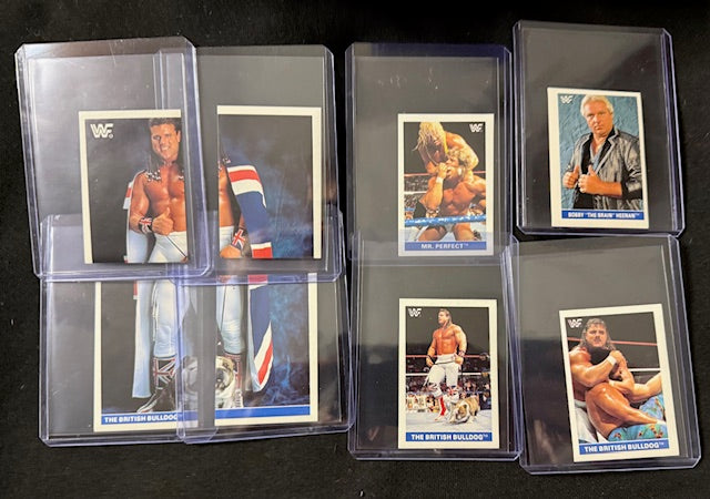 1991 WWF Euroflash Complete Sticker Set featuring Hogan, LOD, and Warrior in vibrant colors and classic design.