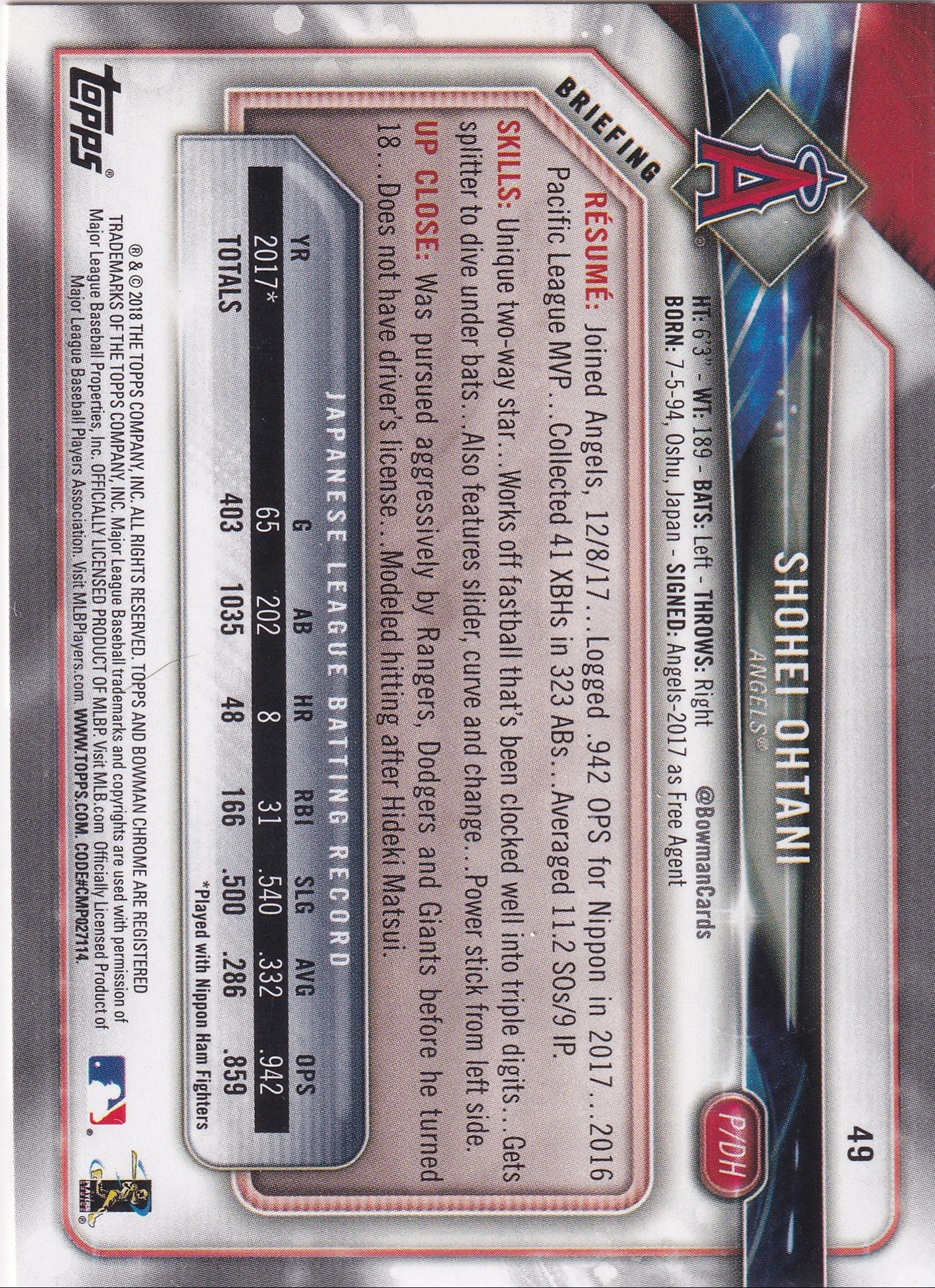 Shohei Ohtani 2018 Bowman Rookie Card #49 front and back