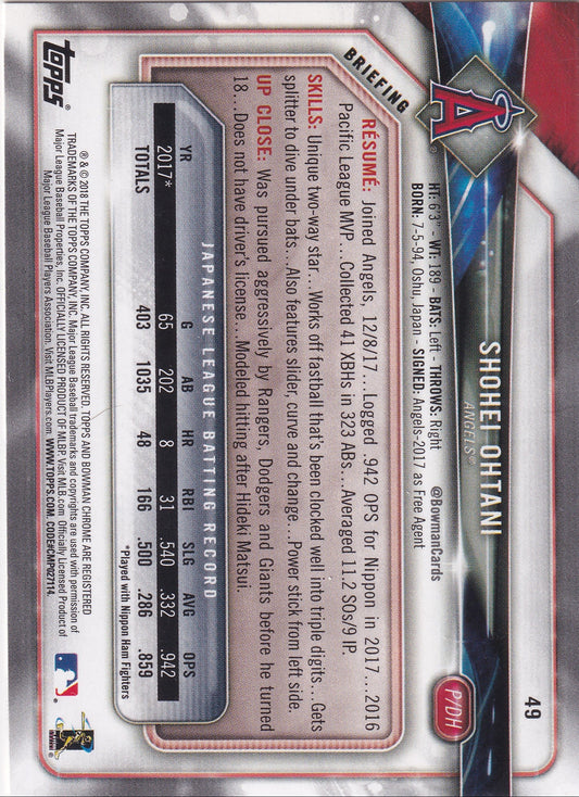 Shohei Ohtani 2018 Bowman Rookie Card #49 front and back