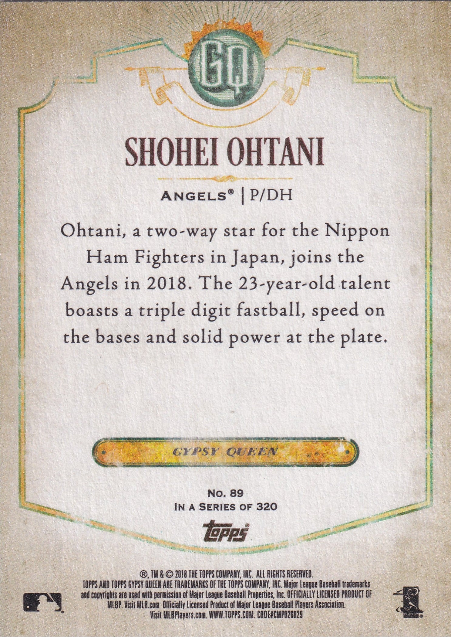 Shohei Ohtani 2018 Topps Gypsy Queen Rookie Card #89 front and back