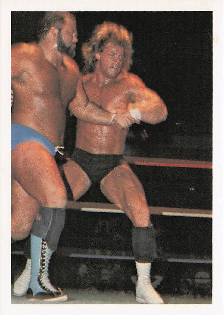 NECC wrestling card featuring Lex Luger and Arn Anderson from 1988 Wonderama NWA Wrestling Card #7.