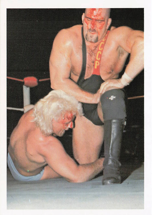 Nikita Koloff and Ric Flair wrestling cards from 1988 Wonderama NWA collection by NECC, front view of the card.