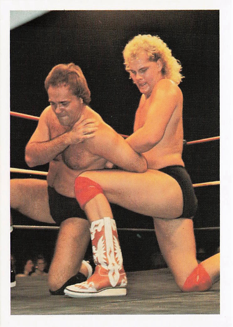 NECC wrestling card featuring Kendall Windham vs. Larry Zbyszko from 1988 Wonderama NWA Wrestling Card #81.