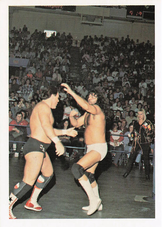NECC wrestling card featuring Jimmy Garvin vs. Tully Blanchard from 1988 Wonderama NWA Wrestling Card #56.
