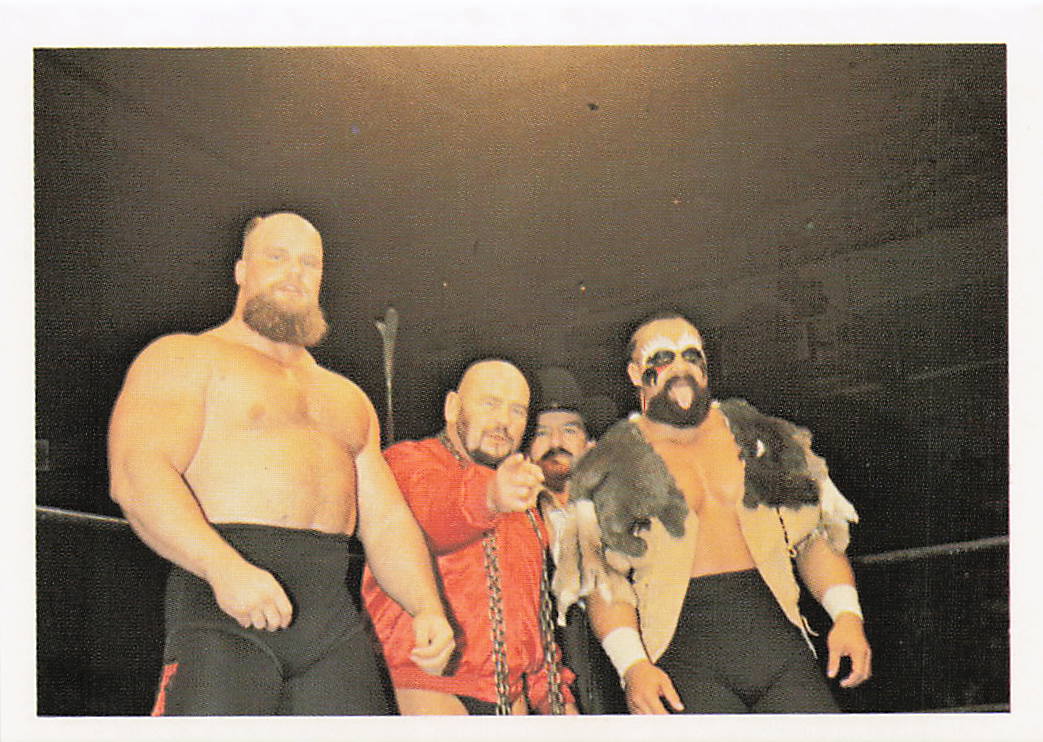 Wrestling card featuring Barbarian, Warlord, and Ivan Koloff from the 1988 Wonderama NWA Wrestling Card #128, NECC brand.