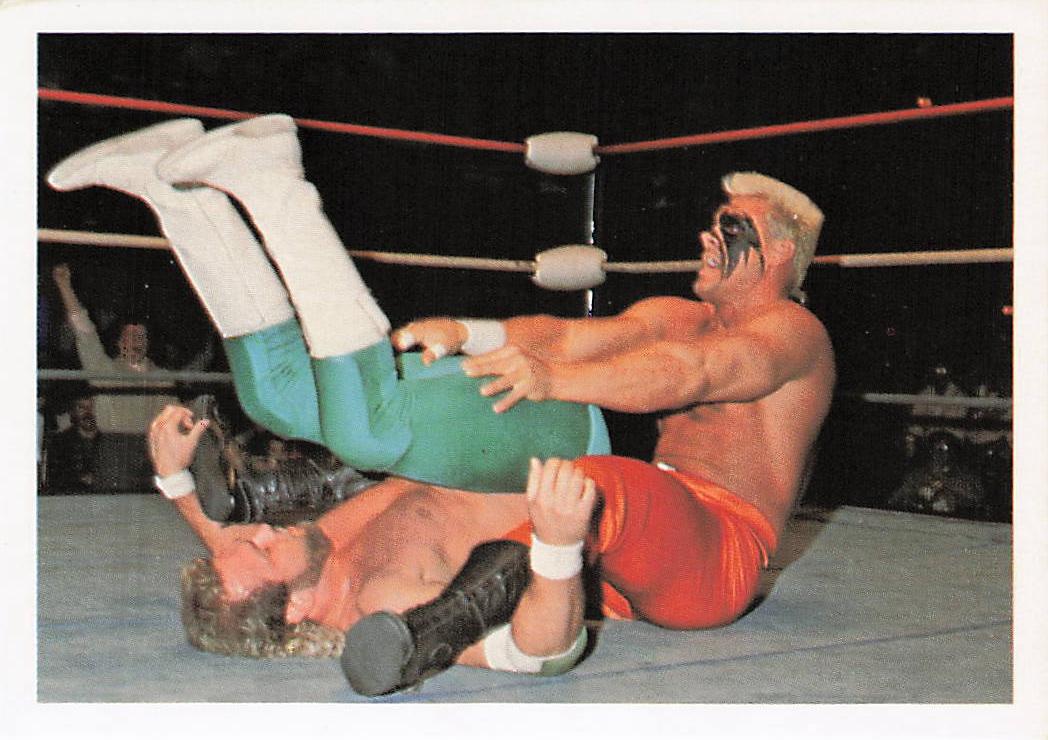 NECC wrestling card featuring Sting vs Eddie Gilbert from 1988 Wonderama NWA Wrestling Card #191, showcasing the action scene.