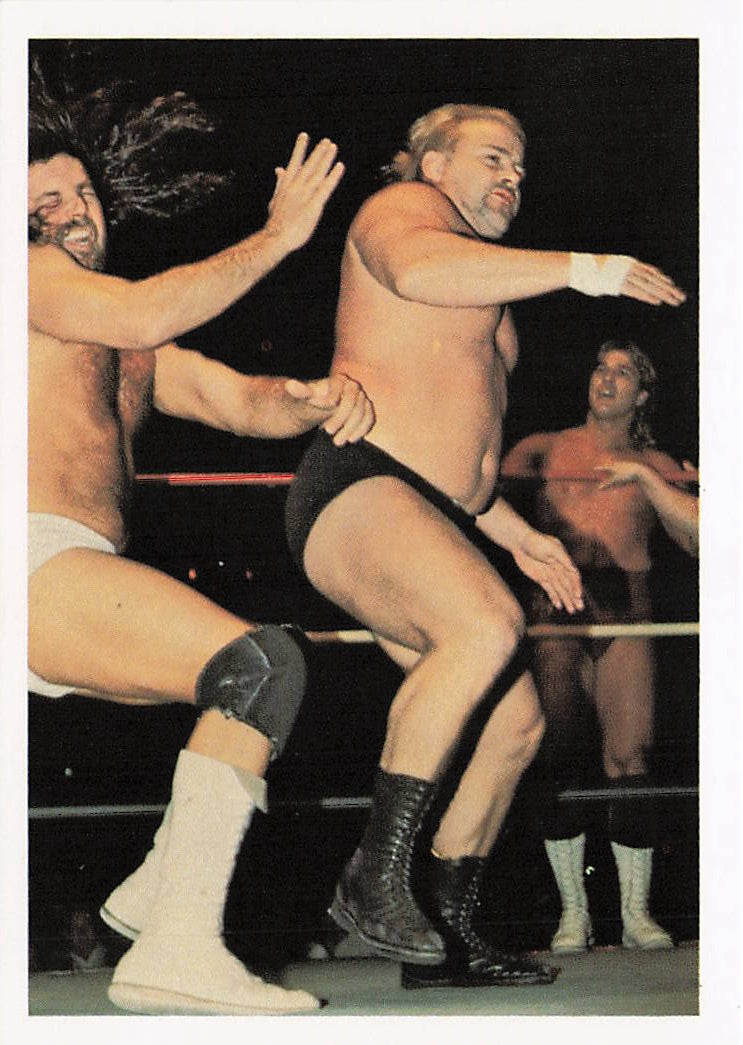 Front of NECC wrestling card featuring Kevin Sullivan vs. Jimmy Garvin from the 1988 Wonderama NWA Wrestling Card #147.