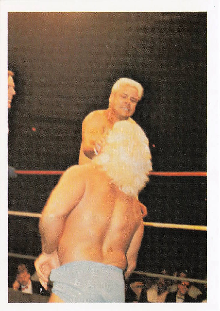 NECC wrestling card featuring Ron Garvin vs Ric Flair from 1988 Wonderama NWA Wrestling Card #252, showing action scene with wrestlers.