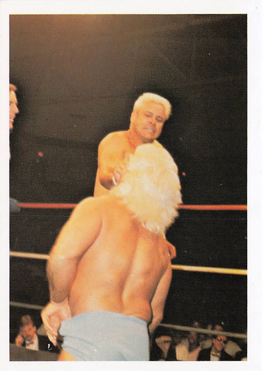 NECC wrestling card featuring Ron Garvin vs Ric Flair from 1988 Wonderama NWA Wrestling Card #252, showing action scene with wrestlers.