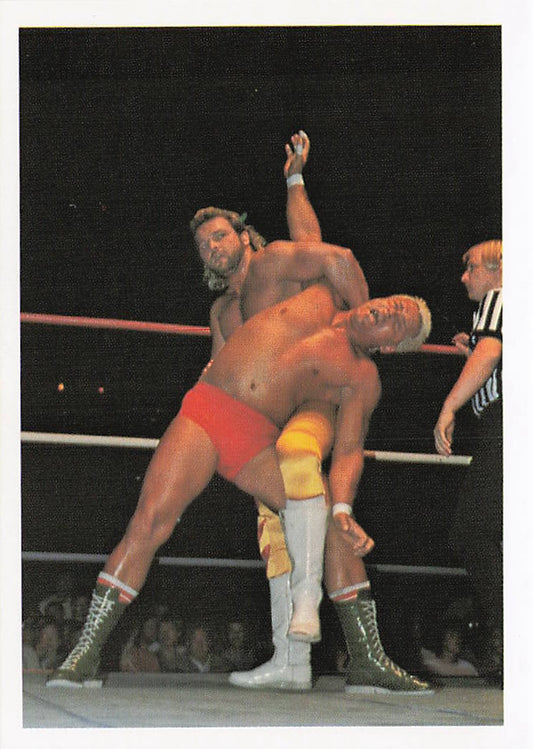 NWA wrestling card featuring Eddie Gilbert vs Ron Garvin from 1988 Wonderama, published by NECC, front view of the collectible card.