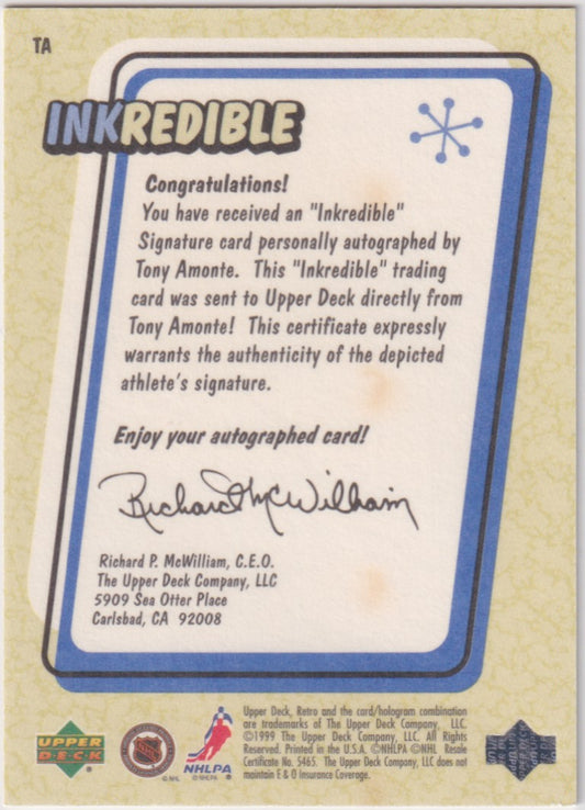 Tony Amonte Autograph – 1999-00 Upper Deck Retro Inkredible – NHL - New England Consignment and Collectables
