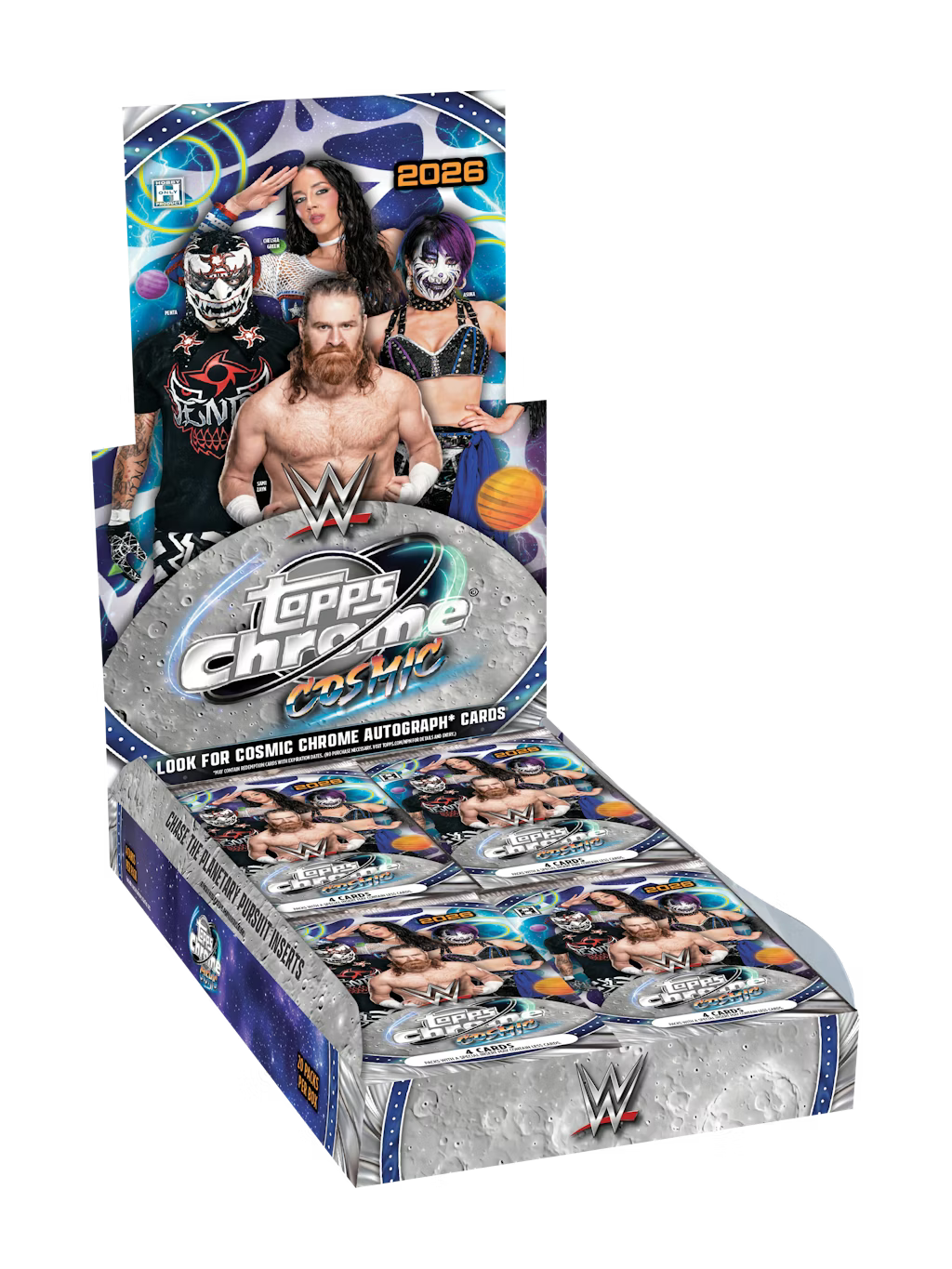 Sealed 2026 Topps WWE Cosmic Chrome hobby box for sports cards, featuring colorful cosmic-themed packaging.
