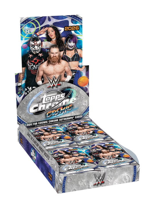 Sealed 2026 Topps WWE Cosmic Chrome hobby box for sports cards, featuring colorful cosmic-themed packaging.