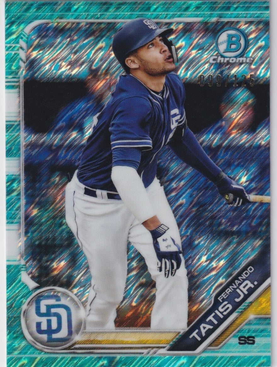 2019 Bowman Chrome Fernando Tatis Jr Aqua Shimmer /125 San Diego Padres baseball card front and back