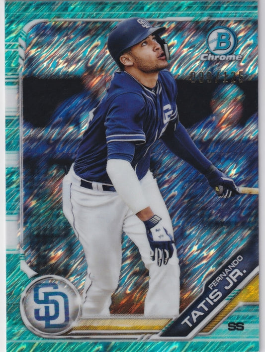 2019 Bowman Chrome Fernando Tatis Jr Aqua Shimmer /125 San Diego Padres baseball card front and back