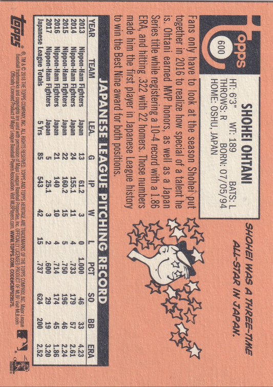 Shohei Ohtani 2018 Topps Heritage Rookie Card #600 front and back