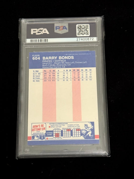 1987 Fleer Barry Bonds Rookie Card – Pittsburgh Pirates – PSA 9
