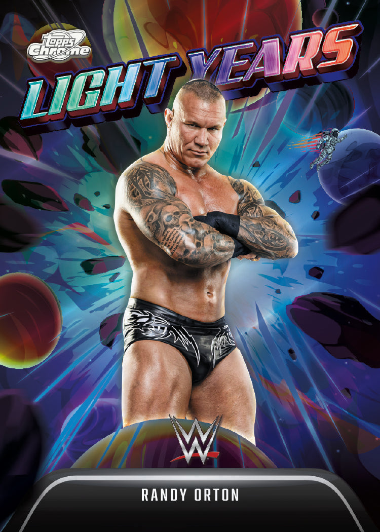 Sealed 2026 Topps WWE Cosmic Chrome hobby box featuring Randy Orton wrestling cards for collectors.