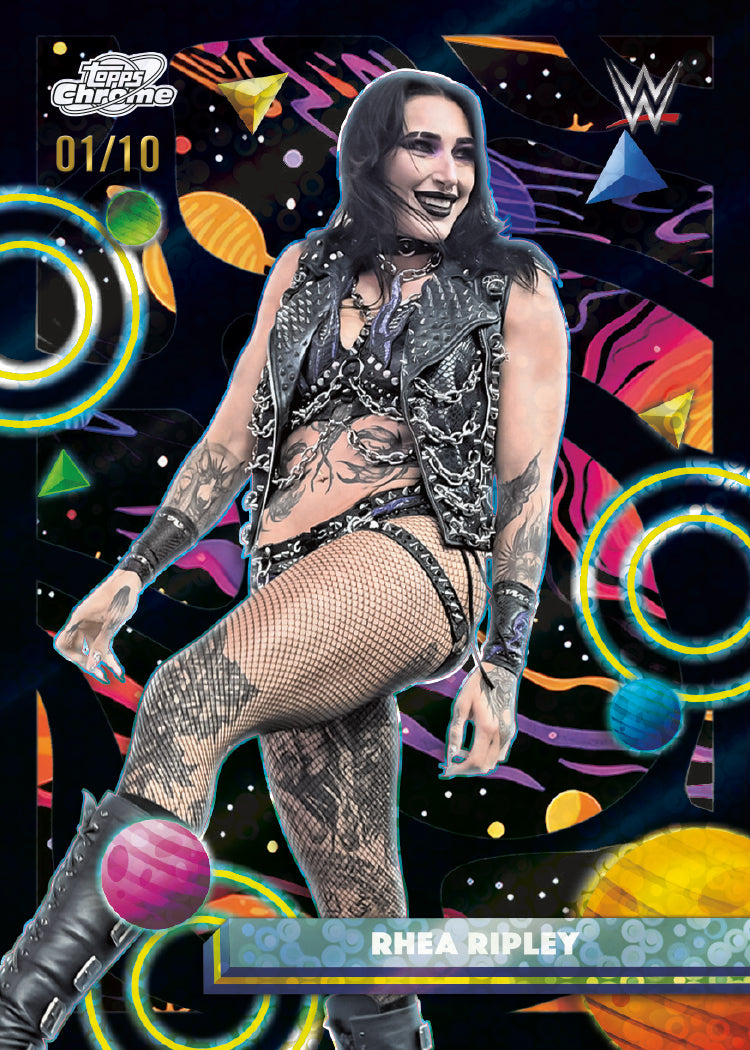 Sealed 2026 Topps WWE Cosmic Chrome hobby box featuring collectible wrestling sports cards with vibrant cosmic design.