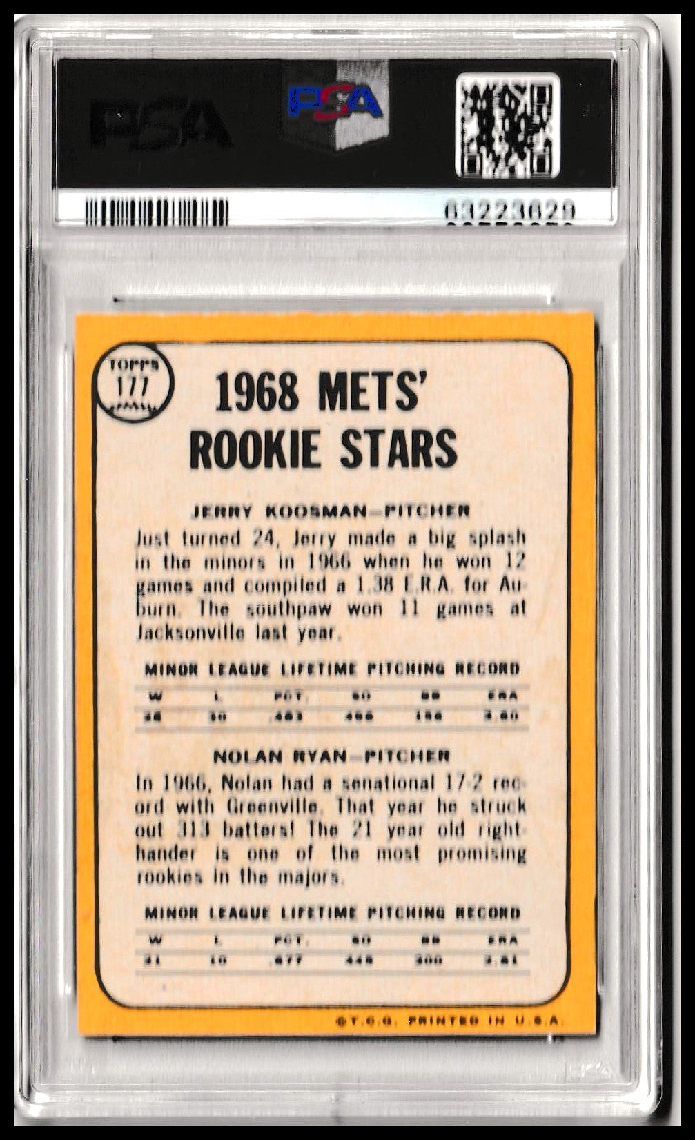1968 Topps Mets Rookie Stars – Nolan Ryan / Jerry Koosman Rookie Card – RC PSA 6