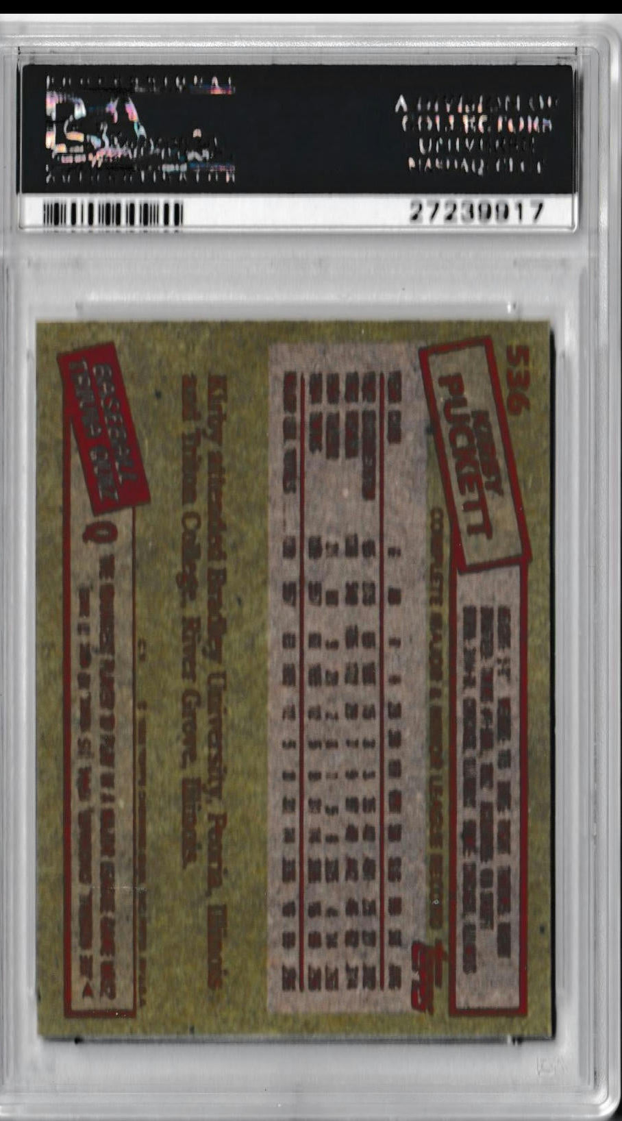 1985 Topps Kirby Puckett Rookie #536 – PSA 9 – Minnesota Twins