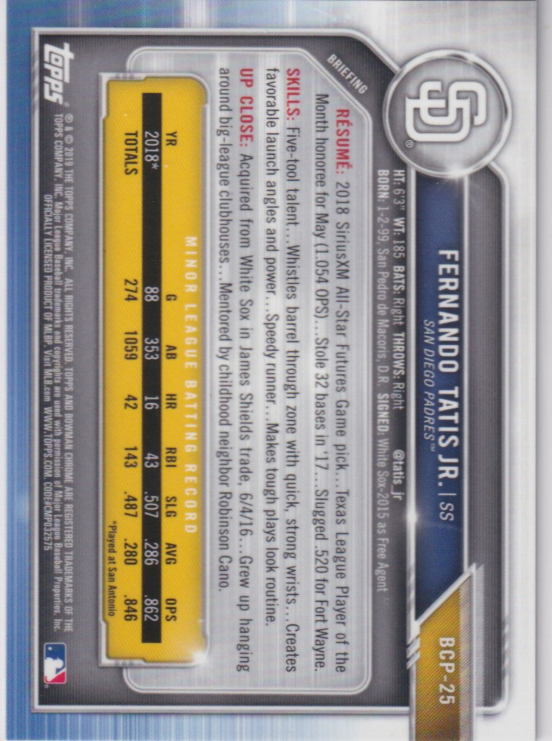 2019 Bowman Chrome Fernando Tatis Jr Aqua Shimmer /125 San Diego Padres baseball card front and back