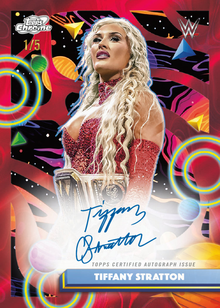 WWE Tiffany Stratton cosmic chrome sports card inside sealed 2026 Topps WWE Cosmic Chrome Hobby Box, collectible wrestling trading card