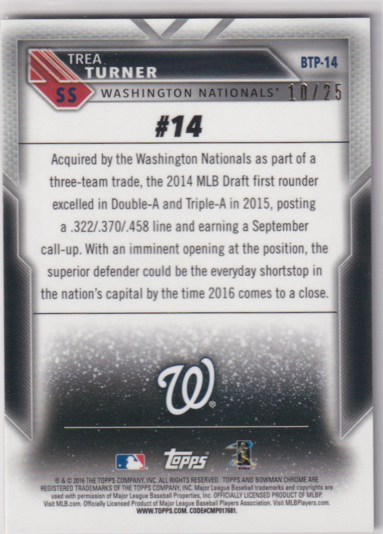 2016 Bowman Chrome Trea Turner Top 100 Orange Refractor /25 Washington Nationals baseball card front and back