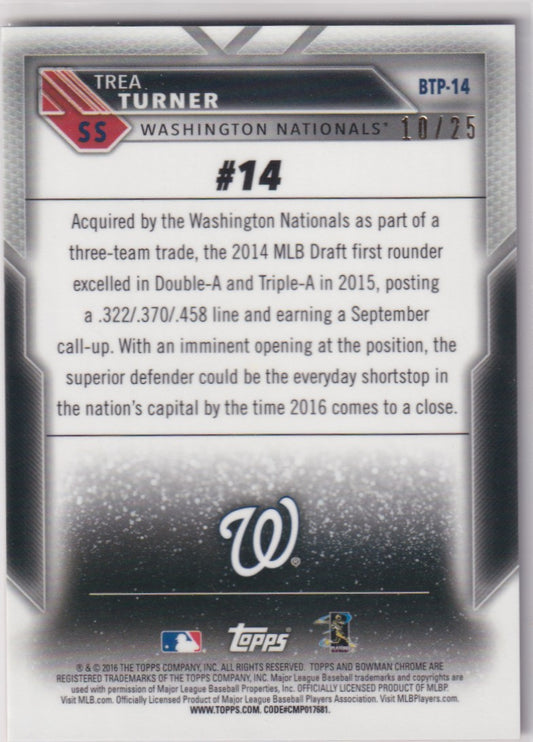 2016 Bowman Chrome Trea Turner Top 100 Orange Refractor /25 Washington Nationals baseball card front and back