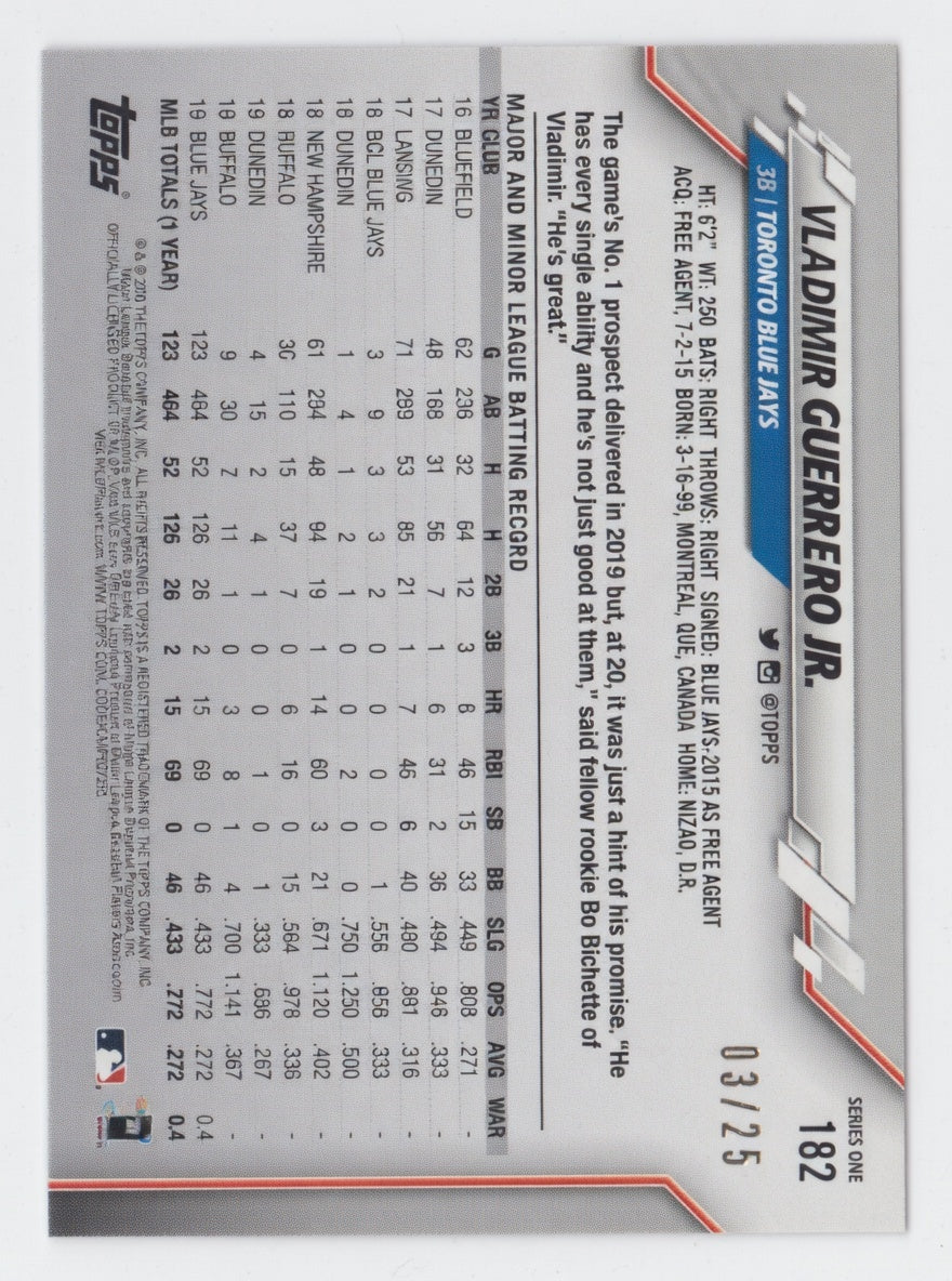 2020 Topps Vladimir Guerrero Jr card back serial numbered 03 of 25