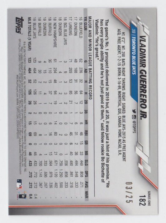 2020 Topps Vladimir Guerrero Jr card back serial numbered 03 of 25